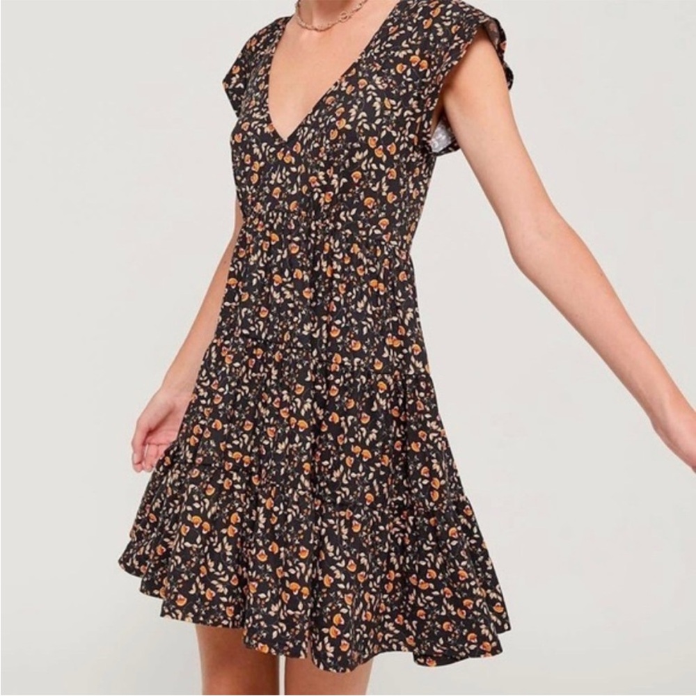 Urban Outfitters Julia Tiered Ruffle Floral V-Neck Mini Dress